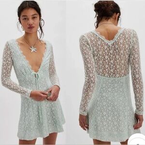 NWT Free People Petra Long Sleeve Lace Mini Dress Billowing Sail Mint Green Sz M
